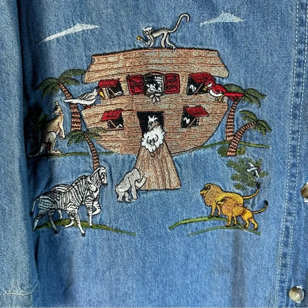 Lets Quizz Again vintage Women embroidered Noahs art denim button up cottagecore - Picture 2 of 11